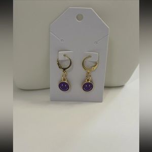 Huggie Hoop Leverback Earrings w/purple smiley charm 24K Gold Plated